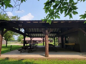 Enjoy al fresco dining under the pavilion's rustic roof, surrounded by lush greenery and picnic tables.