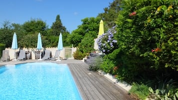 Een buitenzwembad en een verwarmd zwembad