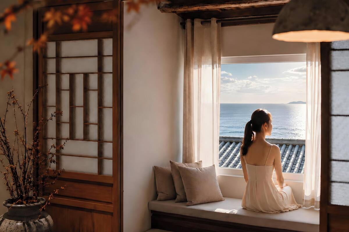 A room with a view of the sea, a traditional wooden screen, and a potted plant.