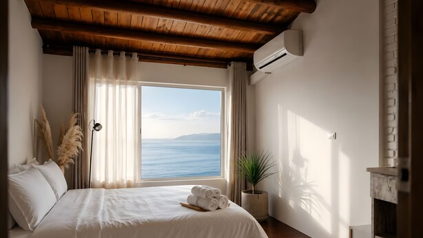 Une chambre avec un grand lit, une plante en pot et une vue sur la mer.