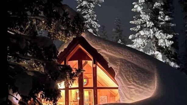 A cabin with a wooden exterior and large windows, surrounded by snow-covered trees. - Bear Valley Alpine Cabin-3bdrm2bth (Bear Valley)