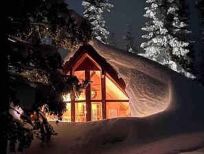 Une cabane aux murs en bois et aux grandes fenêtres, entourée d’arbres couverts de neige.