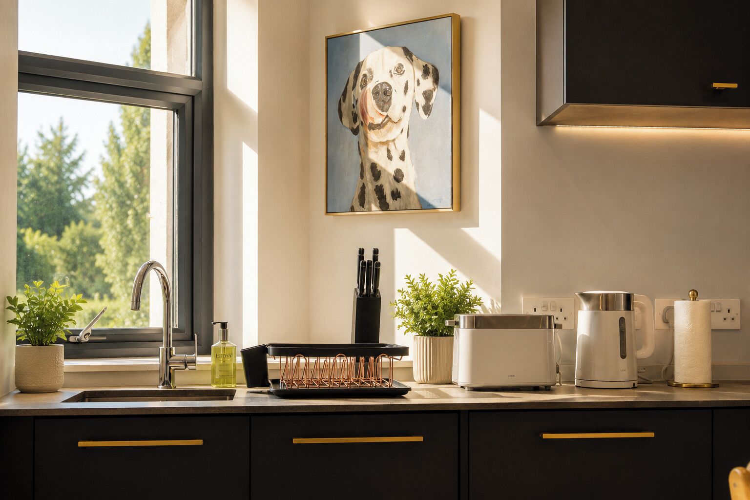 Una cocina moderna con una ventana, un cuadro con la imagen de un perro y varios electrodomésticos.