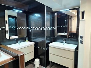 Hair dryer, towels, toilet paper