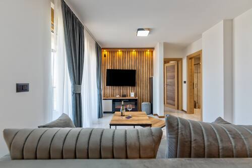 Executive Apartment, 1 Bedroom, Patio, Mountain View | Living area | 42-inch LCD TV with premium channels, heated floors