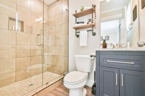A modern bathroom with a glass-enclosed shower, a toilet, and a vanity with a mirror. - River Escape Studio 104 (Helen)