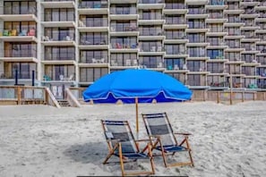 On the beach, beach towels - Remodeled Beachfront Condo, Sleeps 6, Indoor & Outdoor Pool/Hot Tub, Restaurant (Murrells Inlet)