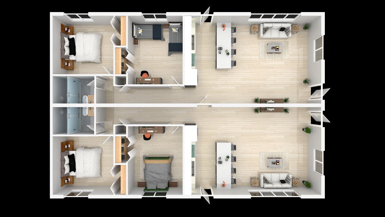 Een appartement met twee verdiepingen, bestaande uit een woonkamer, eethoek, keuken, twee slaapkamers en een badkamer.