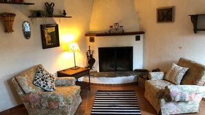 A cozy living room with two floral-patterned sofas, a fireplace, a striped rug, and various decorative items on the walls. - Come stay in our "Little Nest"! (Brissago)