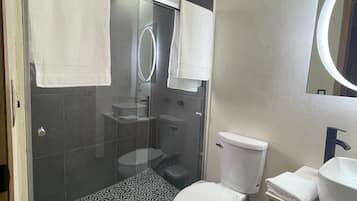 Secador de cabelo, toalhas de banho, papel higiênico
