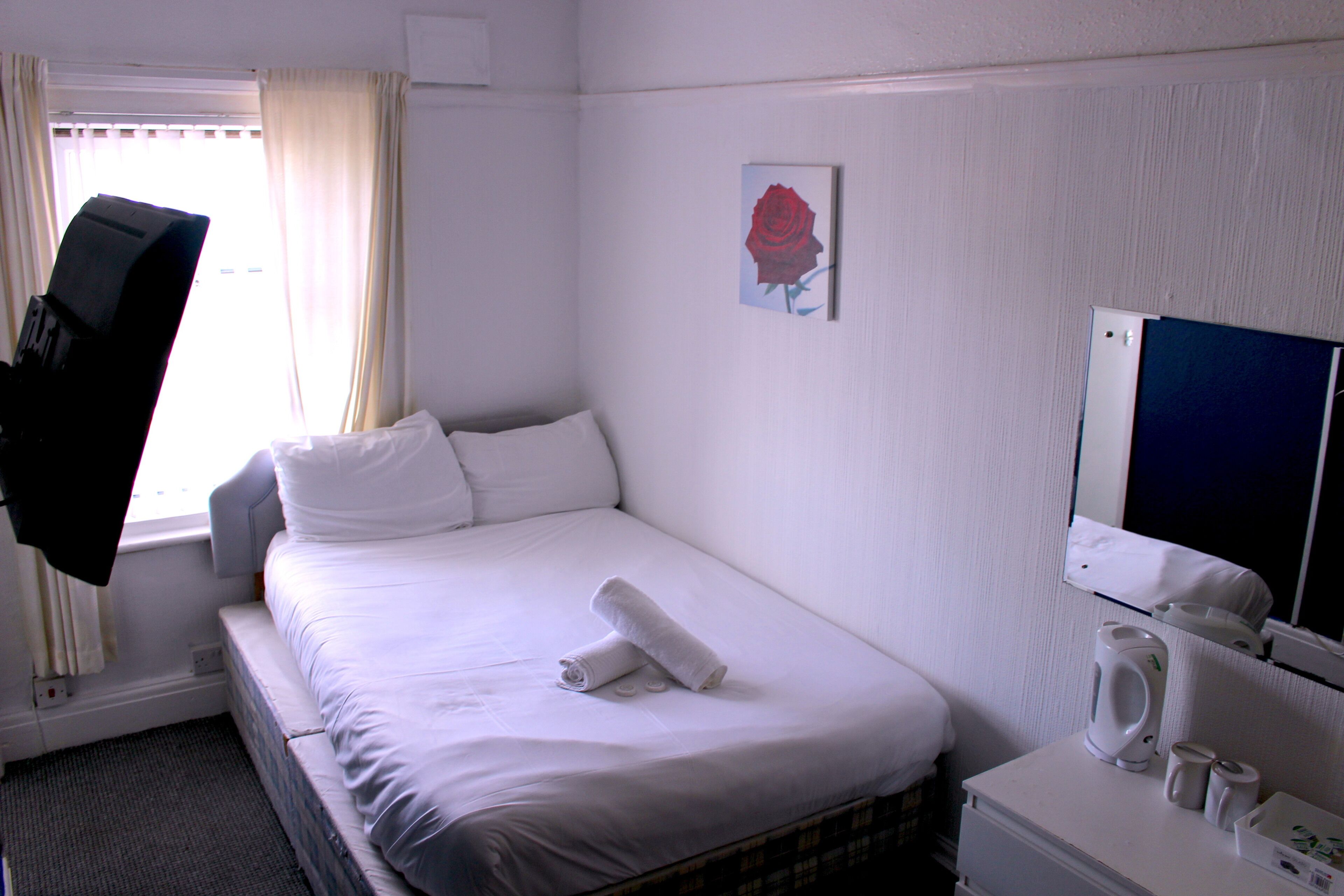 A hotel room with a bed, a TV, a coffee maker, and a picture of a rose on the wall.