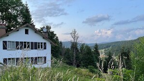 Une maison blanche à deux étages, dotée de nombreuses fenêtres, entourée d’une végétation luxuriante et d’arbres.