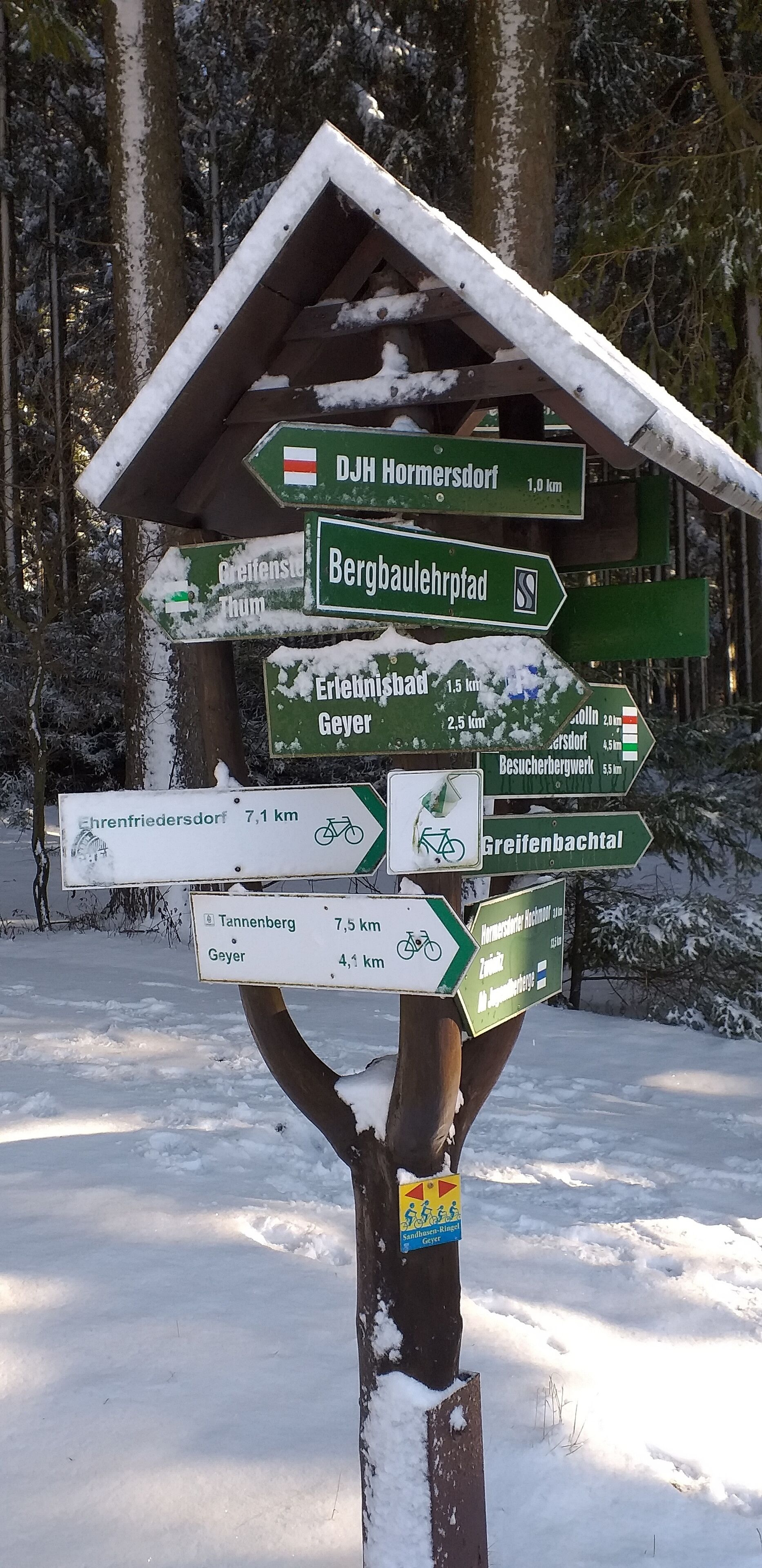 En vejviserskilt med flere grønne skilte, der peger mod forskellige destinationer som DZH Harmersdorf, Bergbaulehrpfad og Greifenbachtal.