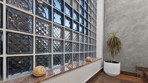A window with a textured glass pattern, a potted plant, and decorative shells on a ledge.