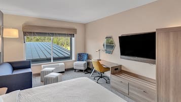 A hotel room with a bed, a desk, a chair, a TV, and a window with a view of the roof.