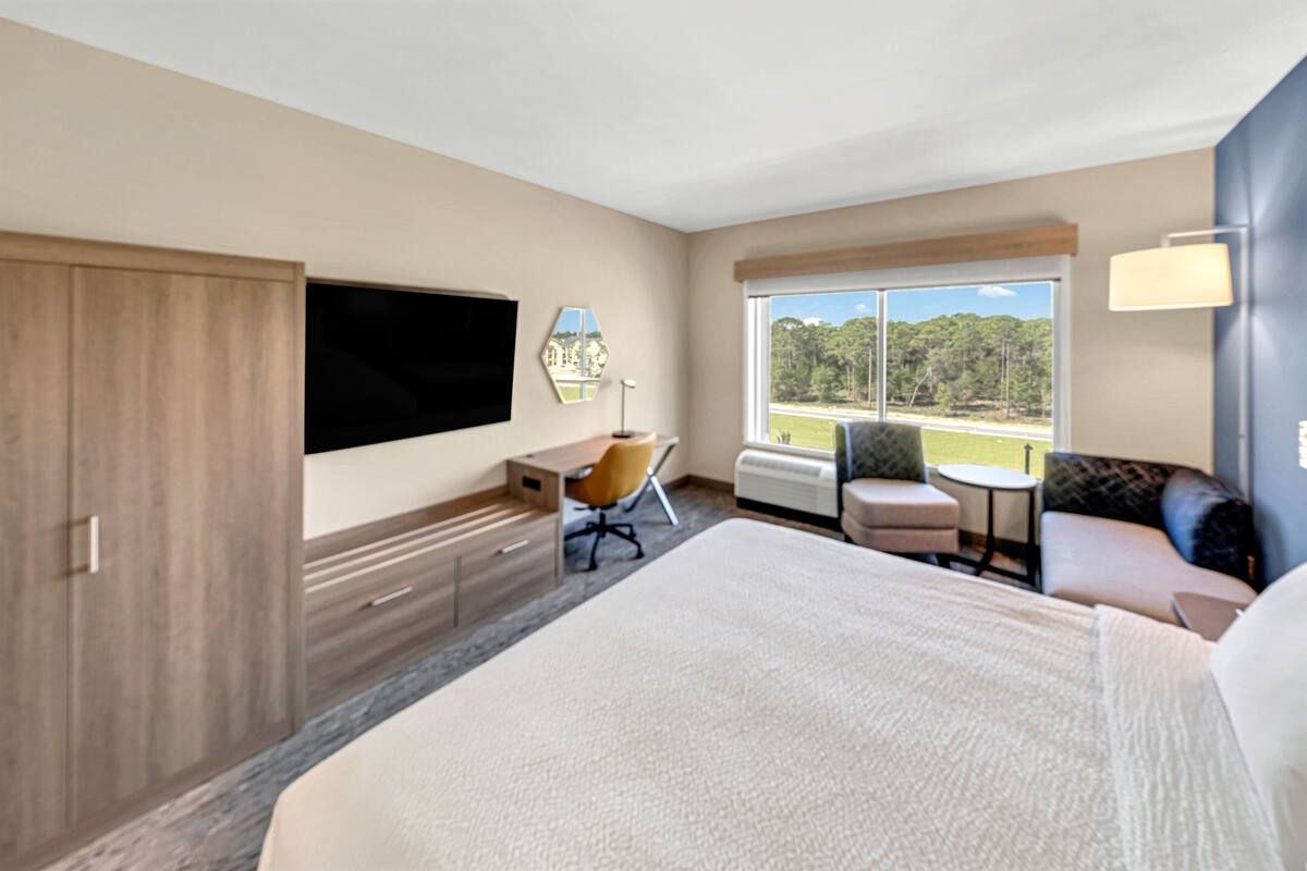 A hotel room with a large bed, a desk with a chair, a TV, a window with a view of trees, and a sofa.