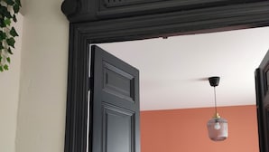 An open doorway leading to a bedroom with a bed, a hanging light fixture, and a plant. - Appartement Dans Maison de Maître au Cœur des Corbières, à 9 min de Fontfroide (Saint-André-de-Roquelongue)