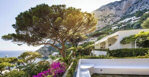 A coastal villa with a large tree, lush greenery, and a view of the sea and mountains.