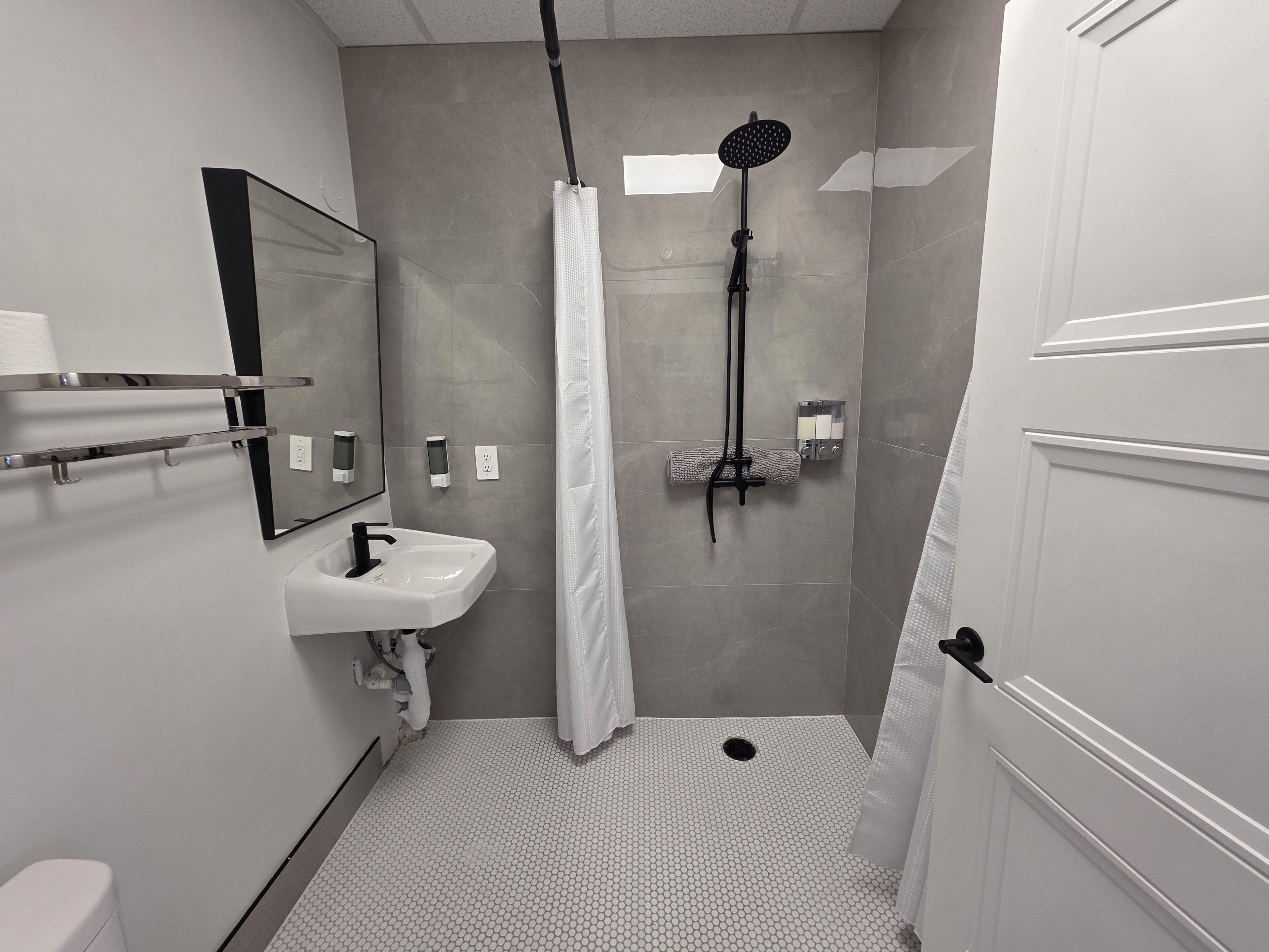 A bathroom with a shower, a sink, a toilet, and a mirror.