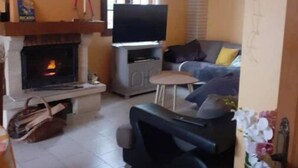 A living room with a fireplace, a television, and a sofa.