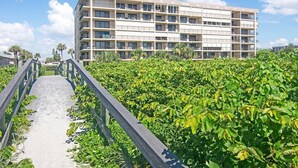 A multi-story hotel with a central courtyard and a pathway leading to the entrance. - Ocean Front Condo Downtown Cocoa Beach (Cocoa Beach)