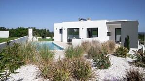 Una casa moderna con piscina, rodeada de plantas y un cielo despejado.
