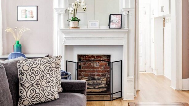 A living room with a fireplace, a sofa, and a coffee table. - In the heart of Adams Morgan | Vintage Charm (Washington)
