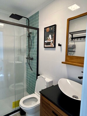 Shower, hair dryer, towels, soap