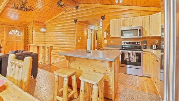 A log cabin interior with a kitchen, dining area, and a fireplace. - Stargazing Dome Cabin W/ Hot Tub , Sauna, Firepit (Logan)