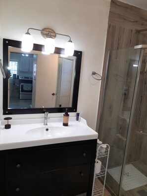 Shower, hair dryer, towels, soap
