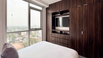 Departamento urbano, vista a la ciudad | 1 habitación, sábanas de algodón egipcio y ropa de cama de alta calidad