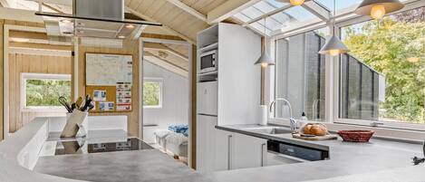 Fridge, stovetop, dishwasher, coffee/tea maker