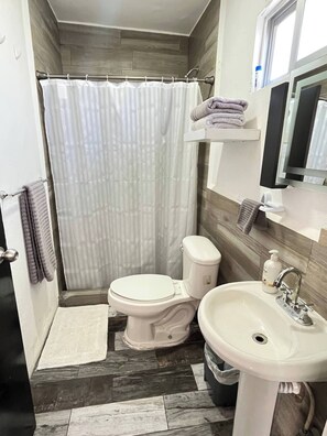 Shower, towels, soap, toilet paper