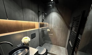 Shower, hair dryer, towels, shampoo