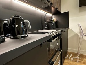 Fridge, microwave, oven, stovetop