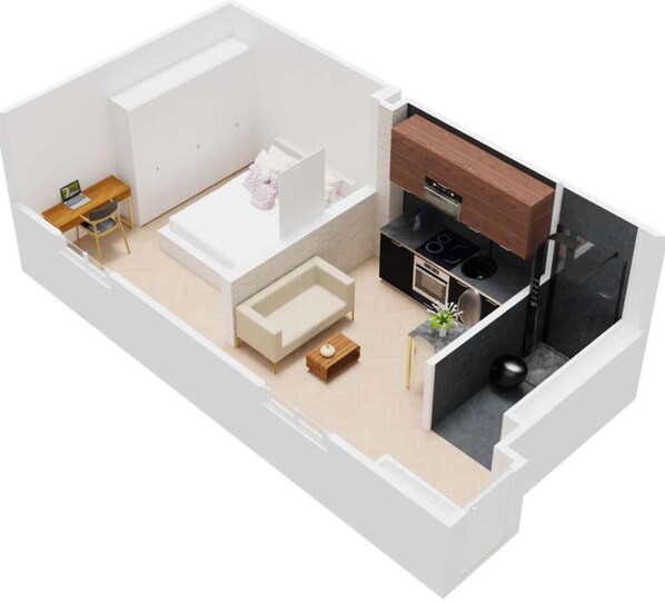 A modern interior with a kitchen, a living area with a sofa and a small table, and a separate workspace with a chair and a desk.