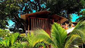 A wooden structure with a sloped roof, surrounded by lush green foliage and palm trees. - CASA DE PIEDRA (Melgar)