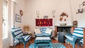 A cozy living room with wicker furniture, a fireplace, and a patterned rug. - Villa Bluebell - Pula (Pula)