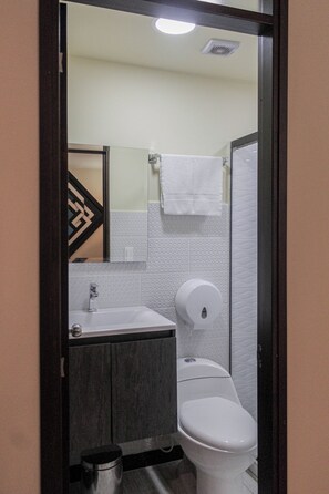 A bathroom with a white sink, a toilet, and a shower area. - Hotel Plaza Garibaldi (Caldas)