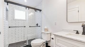 Ein Badezimmer mit Toilette, einer Dusche mit Glastür und einem Waschbecken mit Spiegel.