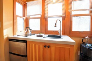 Fridge, microwave, stovetop, electric kettle