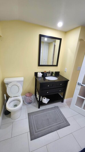 A bathroom with a toilet, sink, mirror, and a mat on the floor. - Amazing home on a huge backyard right near downtown, costco, movie.Pet Friendly! (Cambridge)
