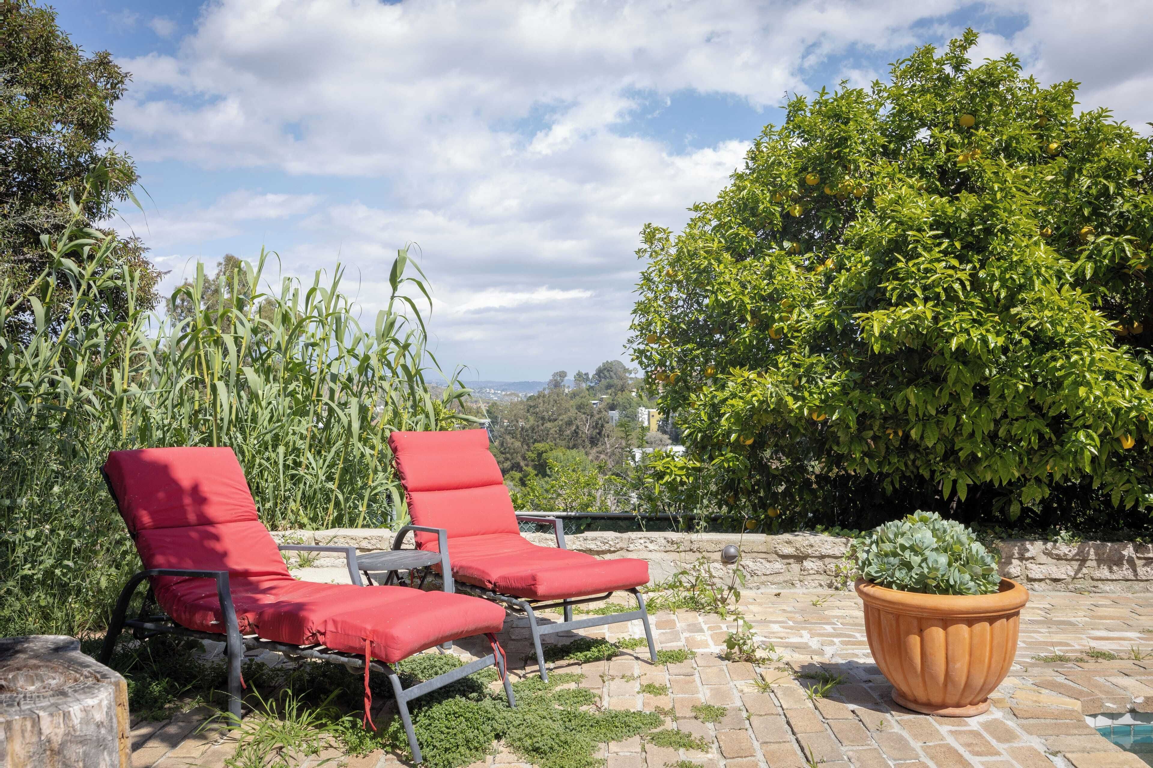 Zwei rote Loungesessel auf einer Ziegelterrasse mit einem Topfpflanzen und Blick auf einen üppigen grünen Baum und eine weite Landschaft.