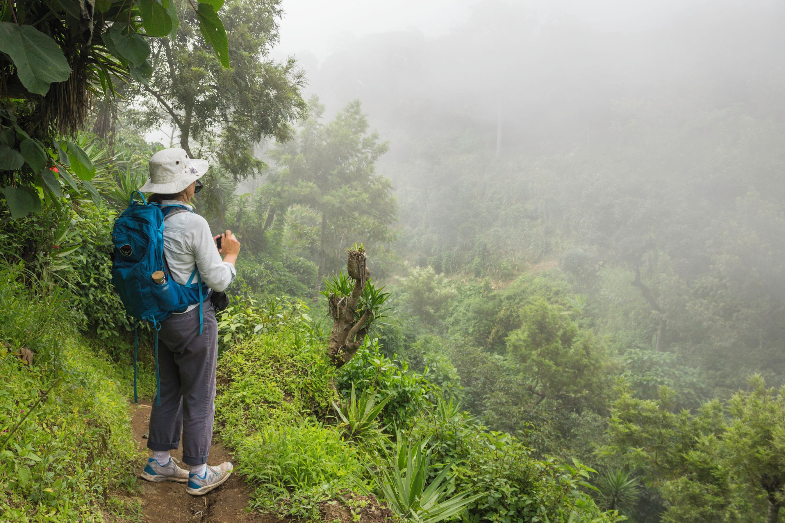 A person hiking on a forest trail with a backpack and a water bottle.