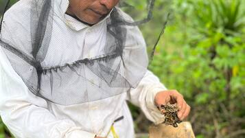 A person in protective clothing handling a beehive.