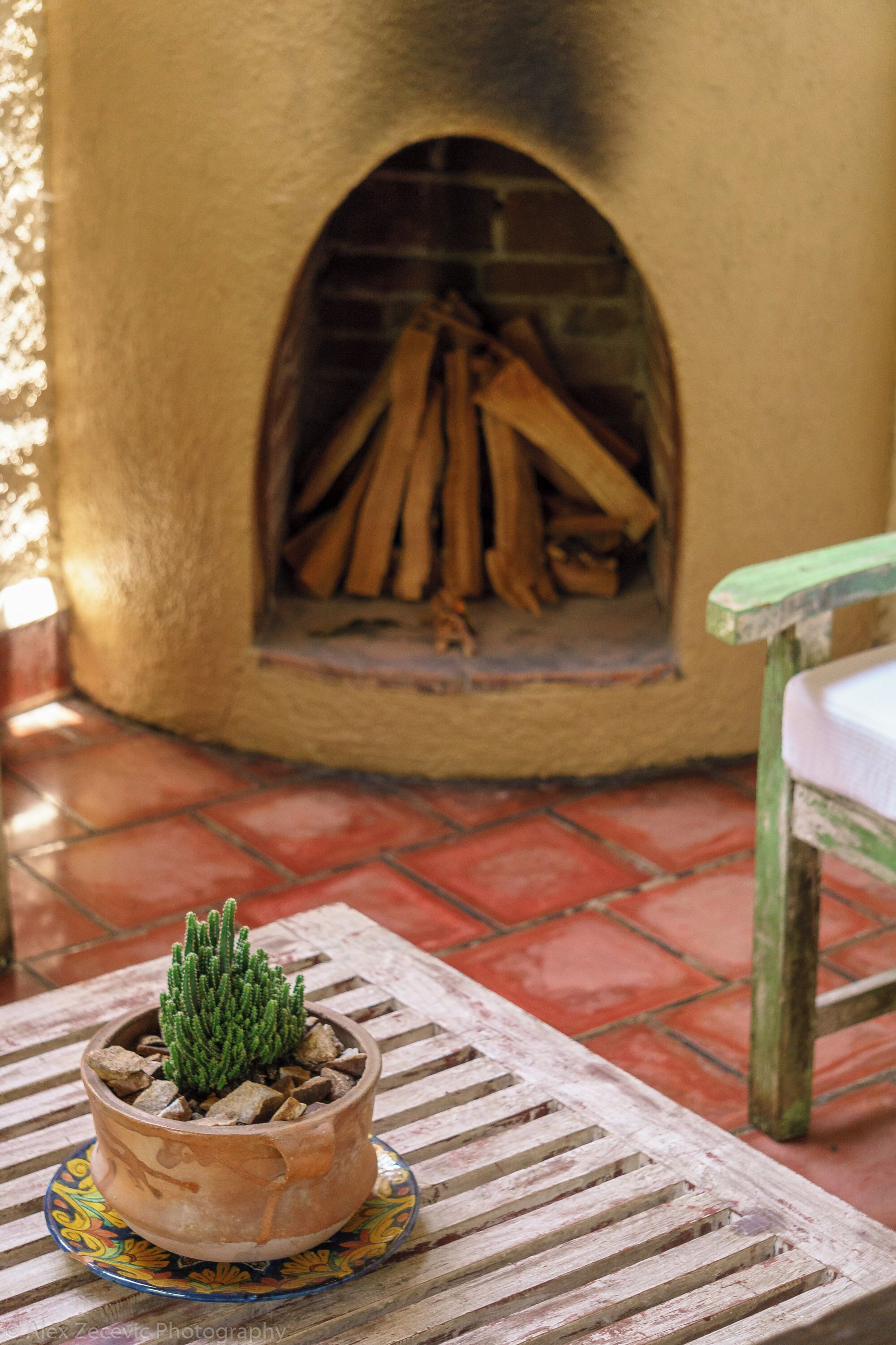 A terracotta pot with a green plant on a patterned table, a rustic wooden bench, and a brick fireplace with logs.