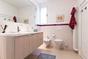 Shower, hair dryer, bidet, towels