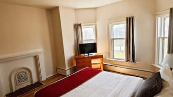 Un dormitorio con cama, televisión, chimenea y ventanas con cortinas.