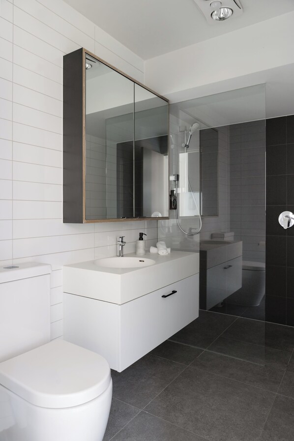 Shower, hair dryer, towels, soap