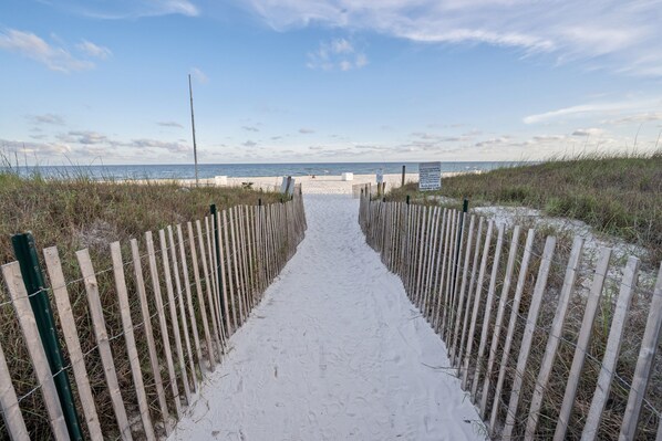 Un sentier sablonneux mène à une plage, de part et d’autre de laquelle se trouve une clôture en bois.